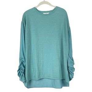 H Halston Sweater Womens‎ Small Turquoise Blue Green Knit Front Satiny Back Ruch